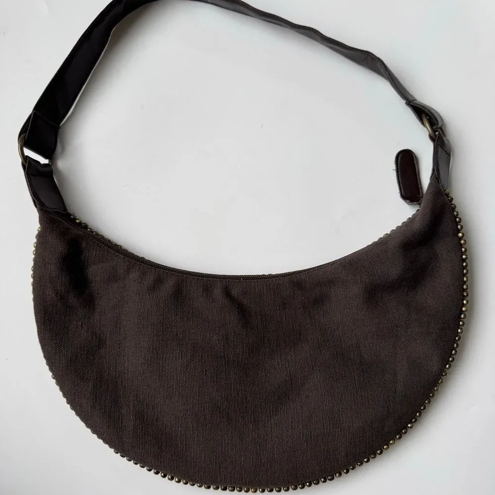 Beaded Made In India Brown Crescent Mini Shoulder Bag Party Purse Zipper Y2K